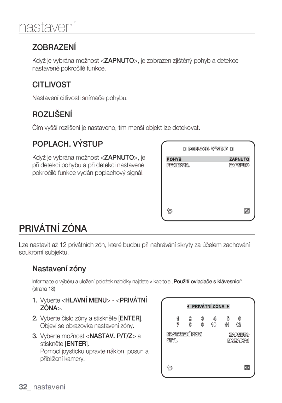 Samsung SCC-C6455P manual Privátní Zóna, Zobrazení, Citlivost, Rozlišení, POPLACH. Výstup 