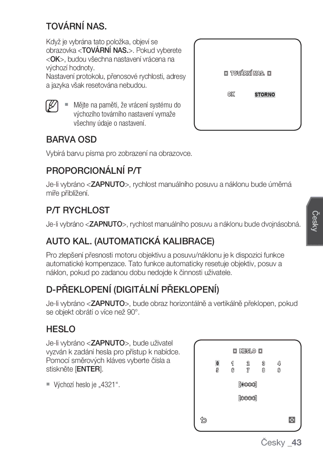 Samsung SCC-C6455P manual Tovární NAS, Barva OSD, Proporcionální P/T, Rychlost, Auto KAL. Automatická Kalibrace, Heslo 