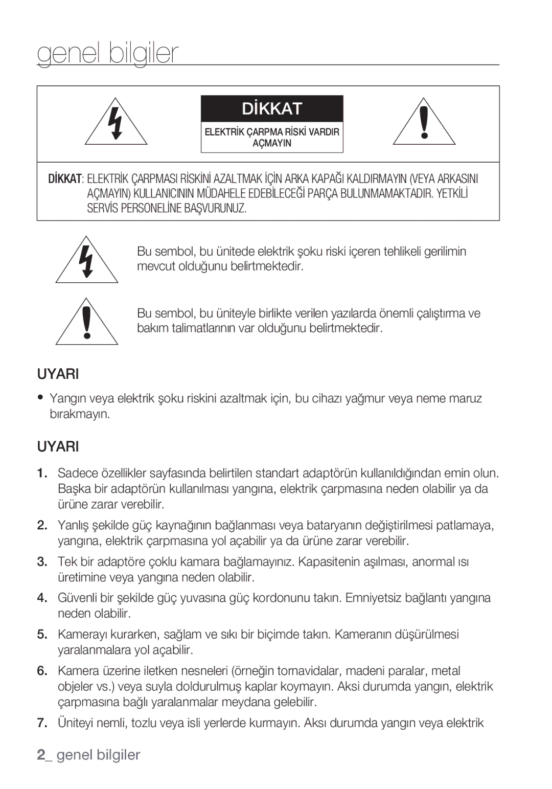 Samsung SCC-C6455P manual Genel bilgiler, Uyari 