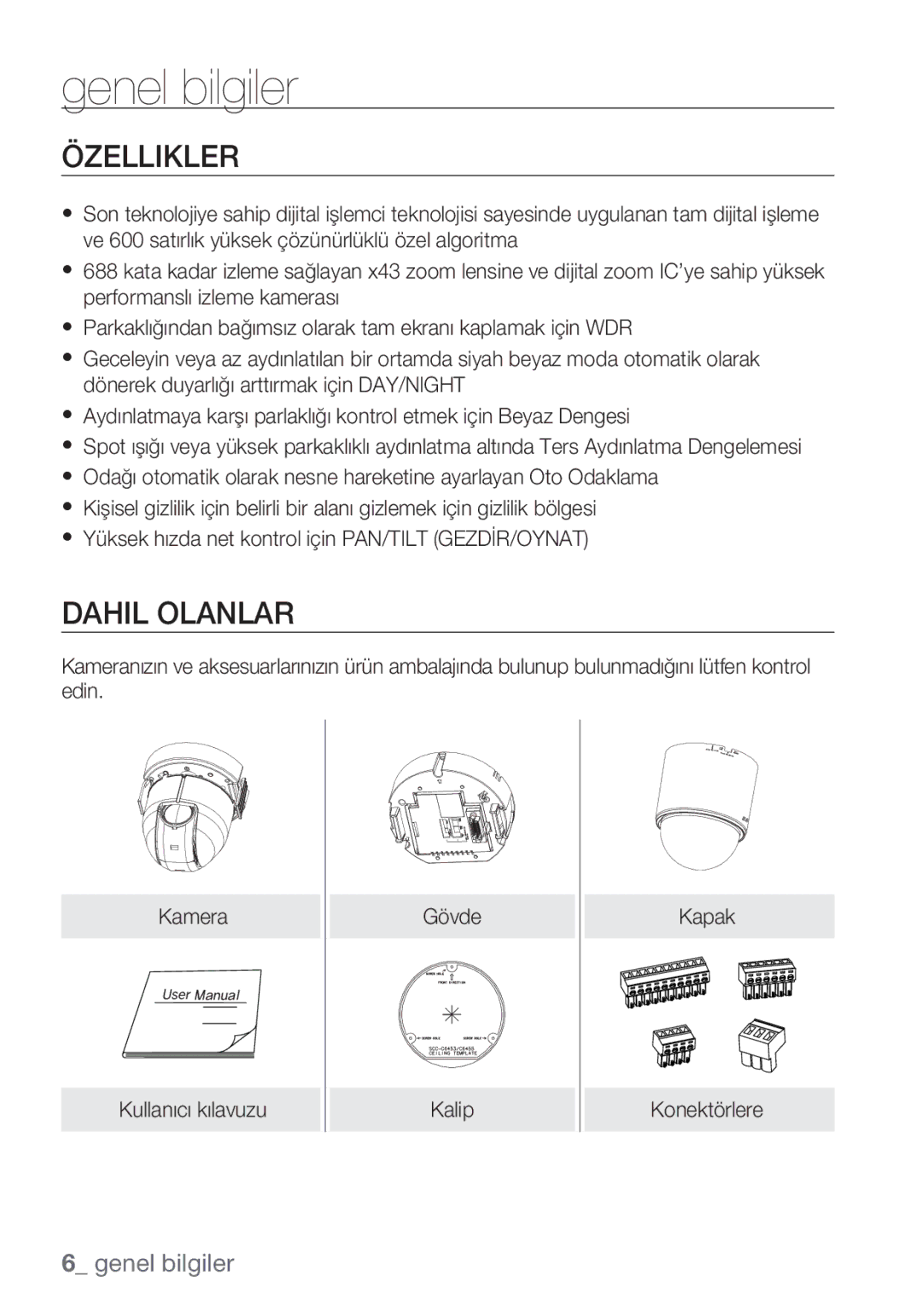 Samsung SCC-C6455P manual Özellikler, Dahil Olanlar 