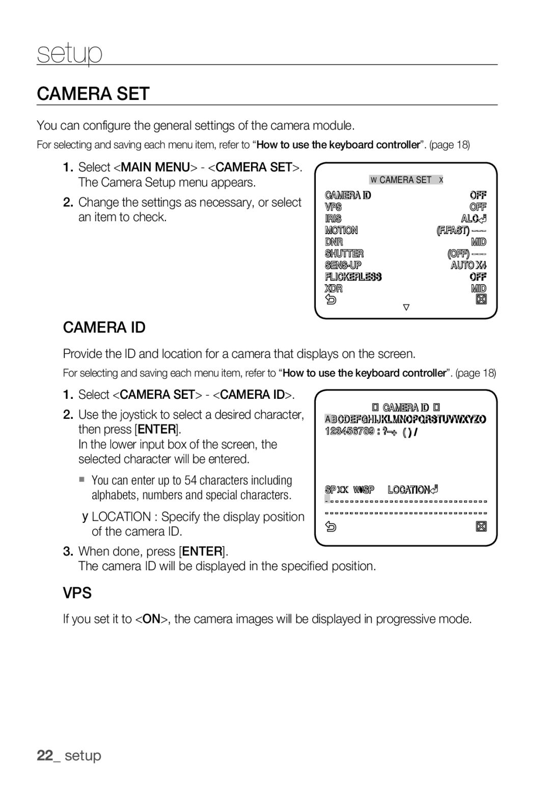 Samsung SCC-C6455P manual Camera SET, Camera ID, Vps, You can configure the general settings of the camera module 