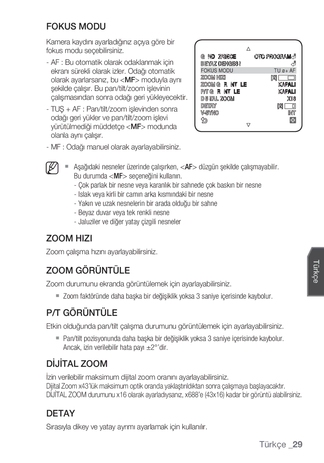 Samsung SCC-C6455P manual Fokus Modu, Zoom Hizi, Zoom Görüntüle, Dİjİtal Zoom, Detay 