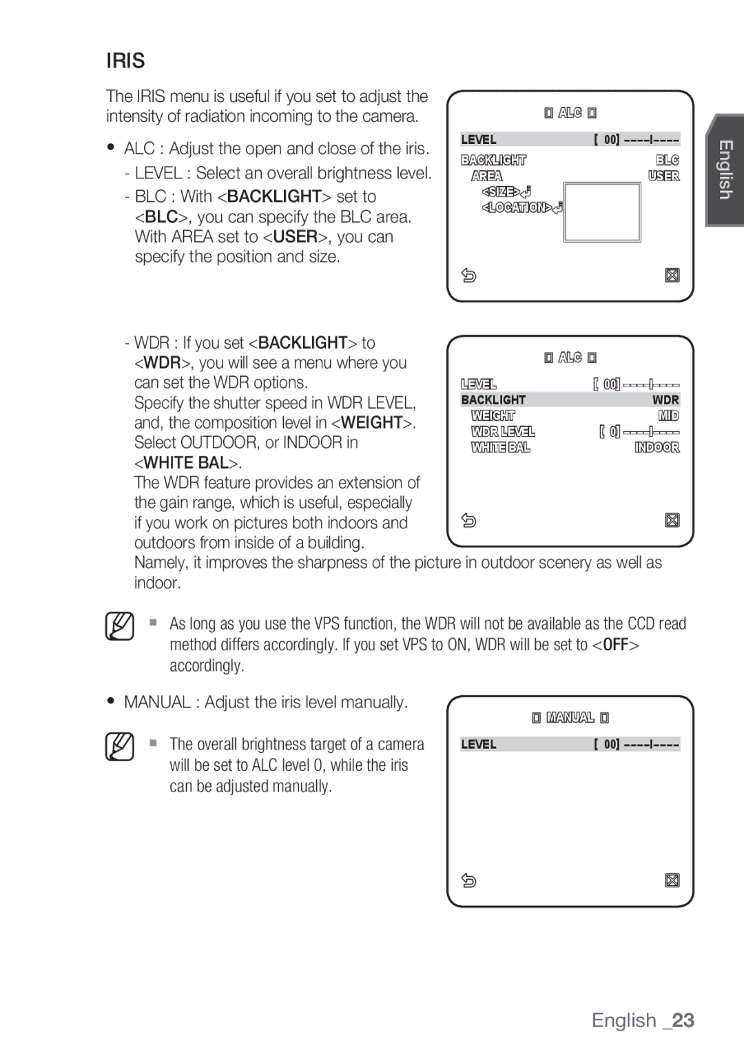 Samsung SCC-C6455P manual Iris, BLC With Backlight set to, WDR If you set Backlight to 