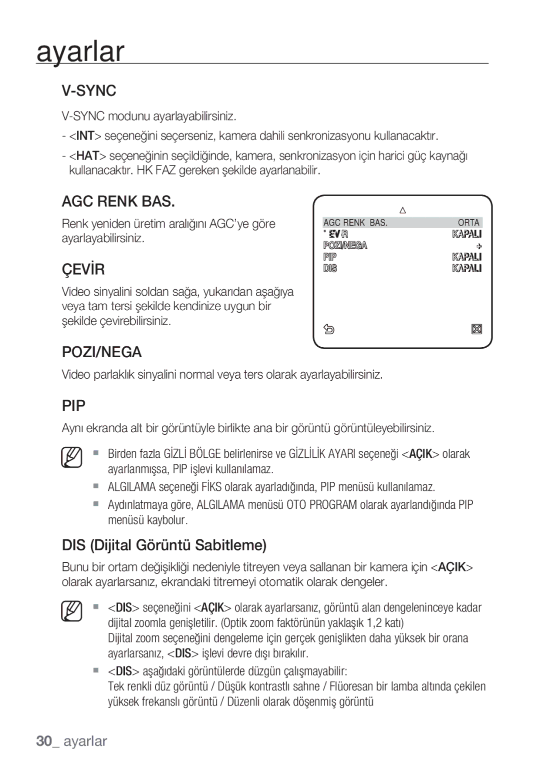 Samsung SCC-C6455P manual AGC Renk BAS, Çevİr, DIS Dijital Görüntü Sabitleme 