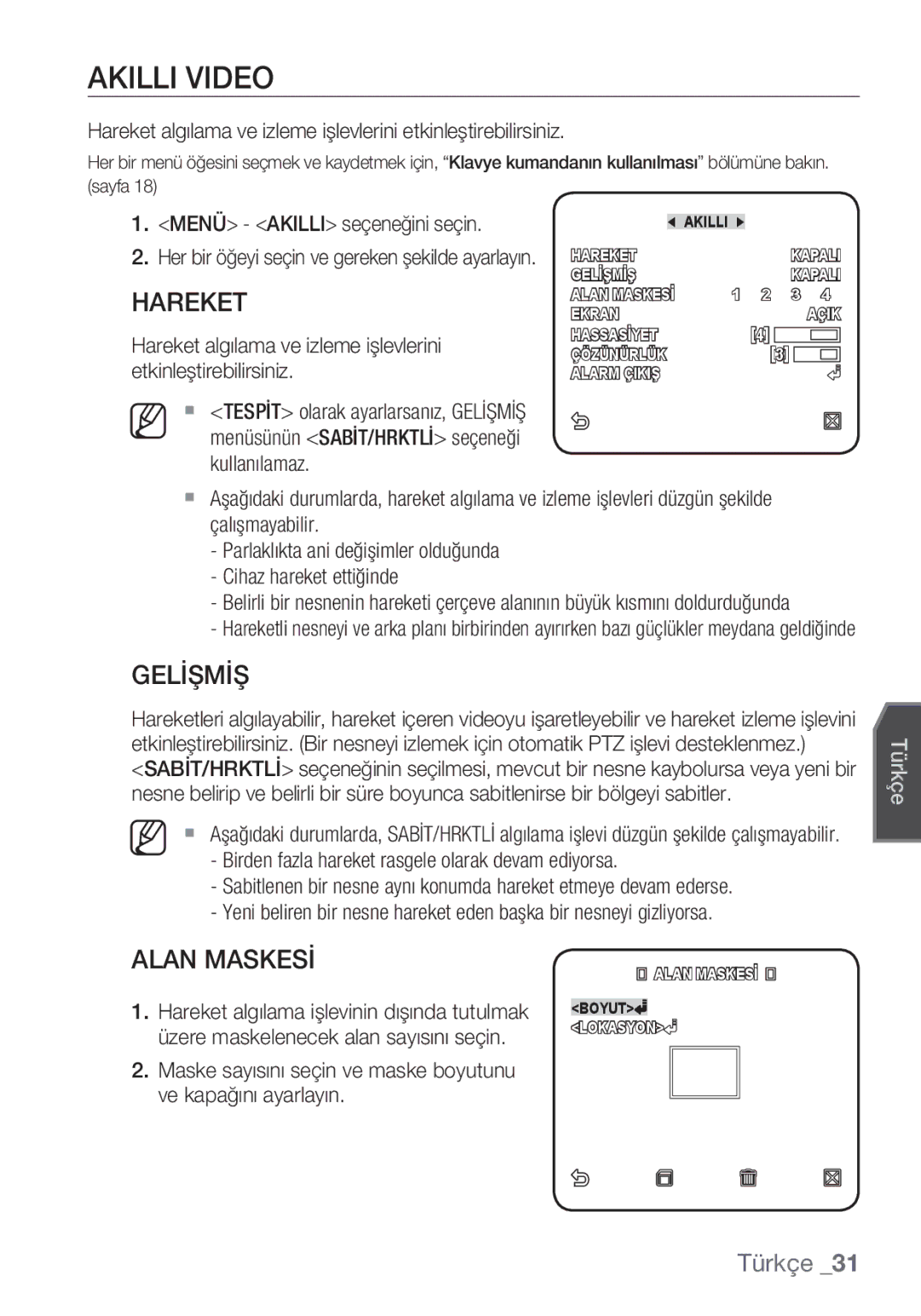 Samsung SCC-C6455P manual Akilli Video, Gelİşmİş, Alan Maskesİ, Menü Akilli seçeneğini seçin 