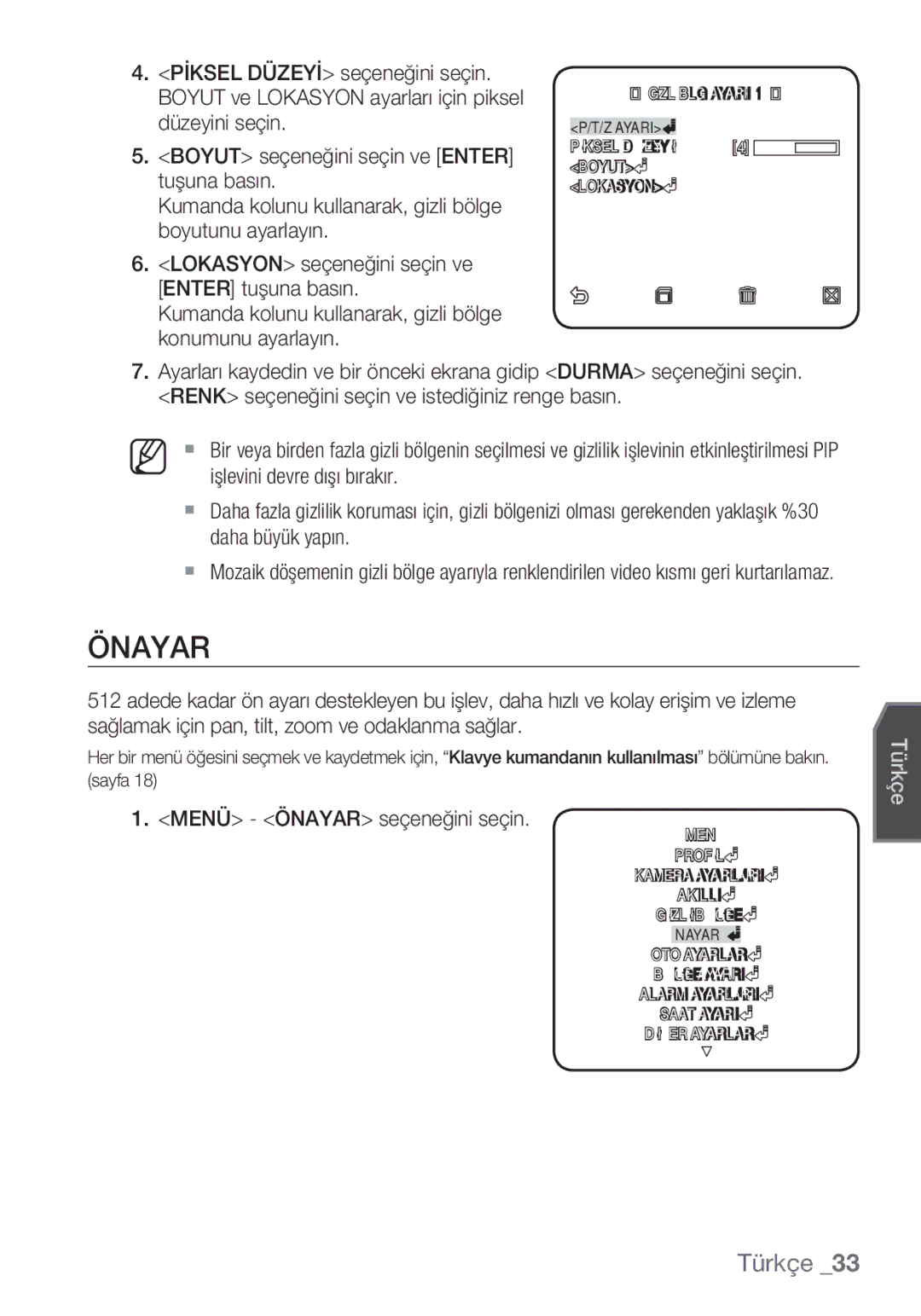 Samsung SCC-C6455P manual Menü Önayar seçeneğini seçin 