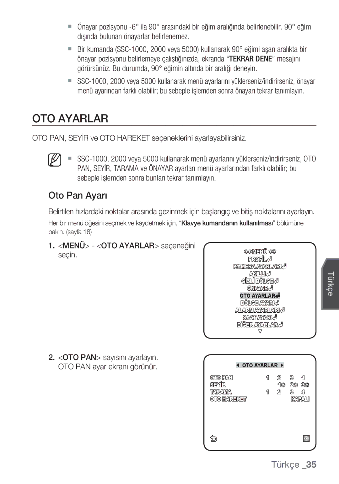 Samsung SCC-C6455P manual Oto Pan Ayarı, Menü OTO Ayarlar seçeneğini, Seçin 