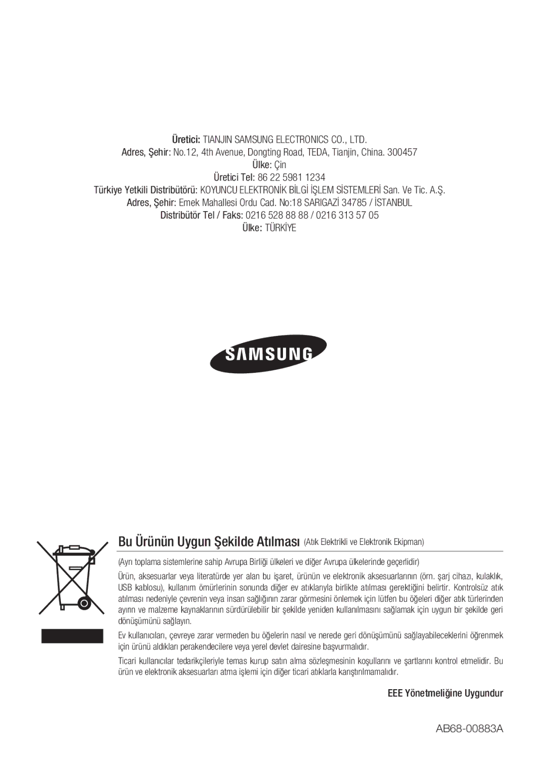 Samsung SCC-C6455P manual EEE Yönetmeliğine Uygundur AB68-00883A 