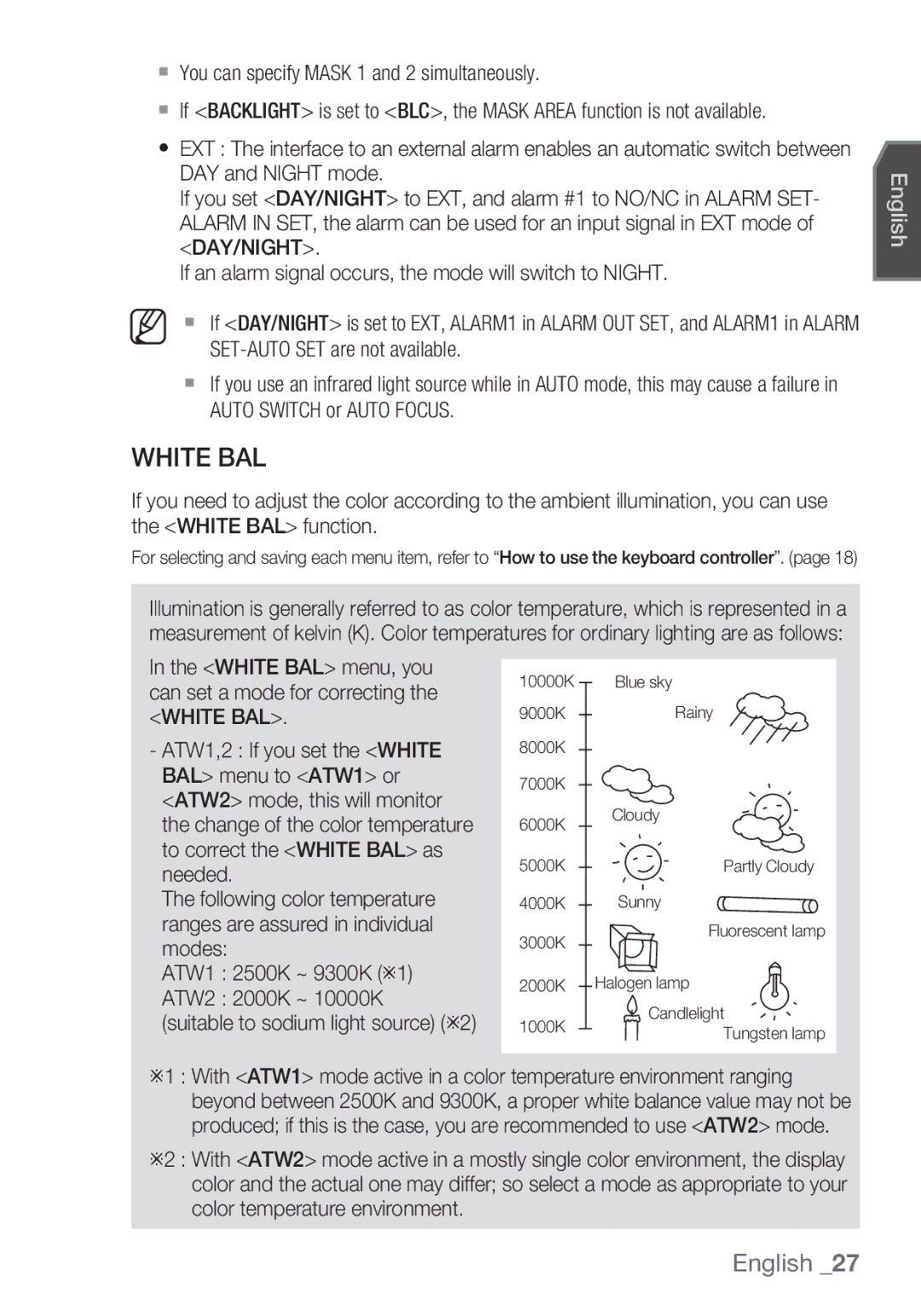 Samsung SCC-C6455P manual White BAL,  You can specify Mask 1 and 2 simultaneously 