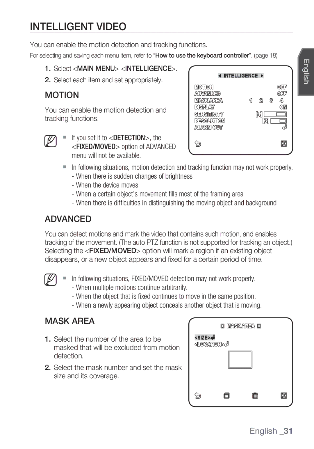 Samsung SCC-C6455P Intelligent Video, Advanced, Mask Area, You can enable the motion detection and tracking functions 