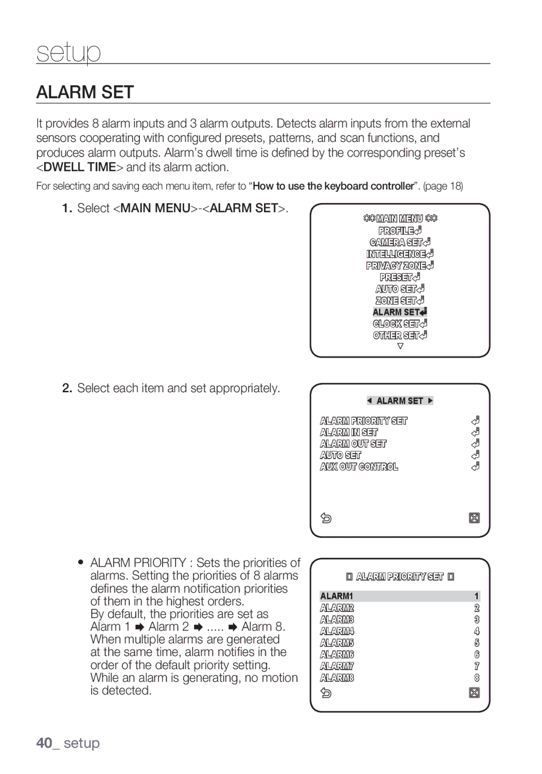 Samsung SCC-C6455P manual Alarm SET, Select Main MENU-ALARM SET 