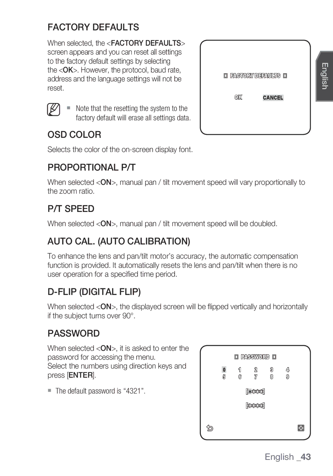 Samsung SCC-C6455P Factory Defaults, OSD Color, Proportional P/T, Speed, Auto CAL. Auto Calibration, Flip Digital Flip 