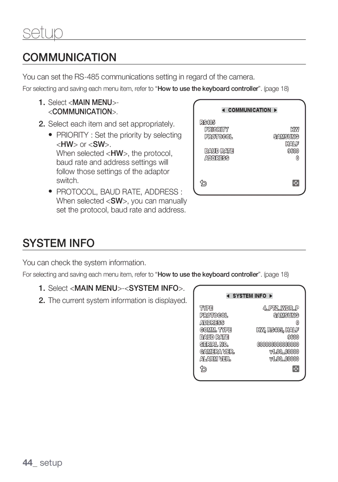 Samsung SCC-C6455P manual Communication, System Info 