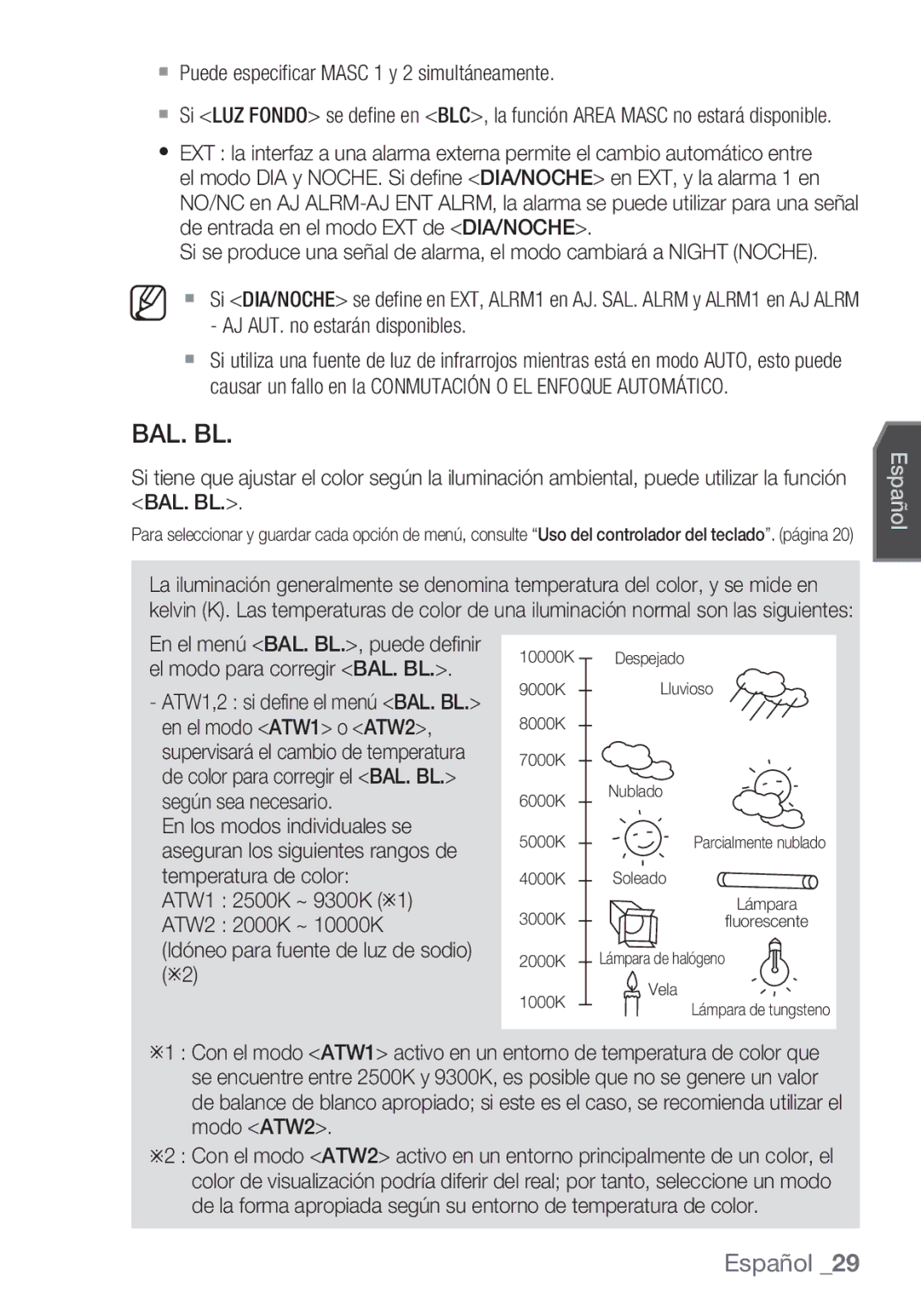 Samsung SCC-C6455P manual Bal. Bl,  Puede especiﬁcar Masc 1 y 2 simultáneamente 