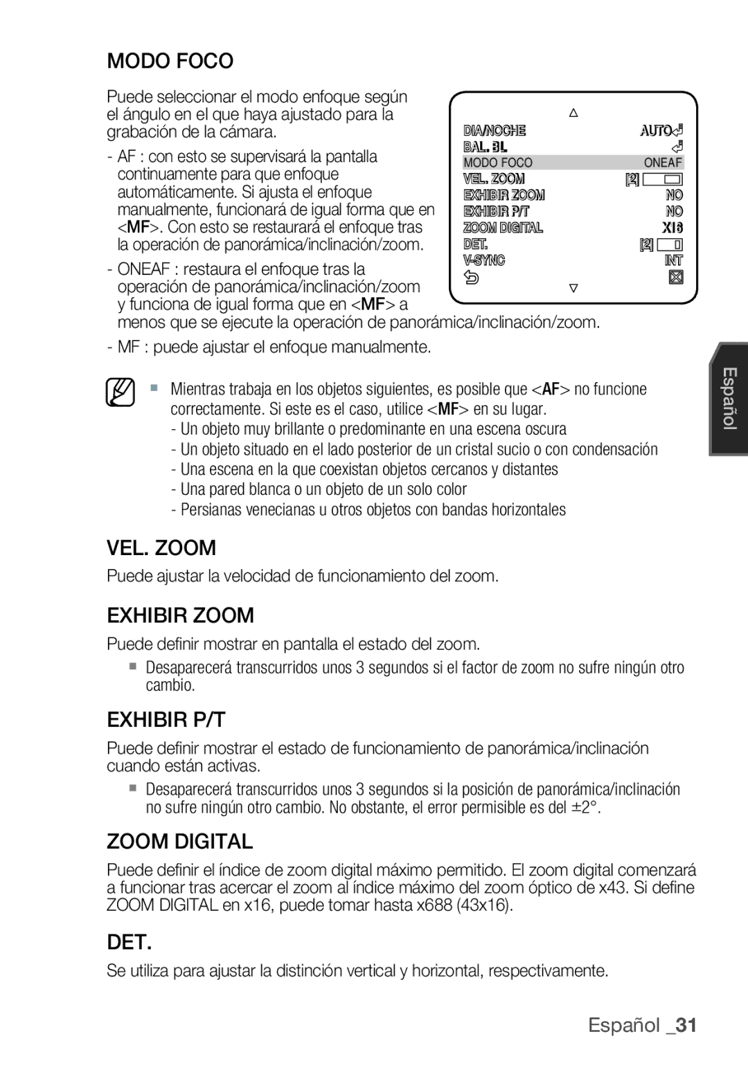 Samsung SCC-C6455P manual Modo Foco, VEL. Zoom, Exhibir Zoom, Exhibir P/T, Zoom Digital, Det 