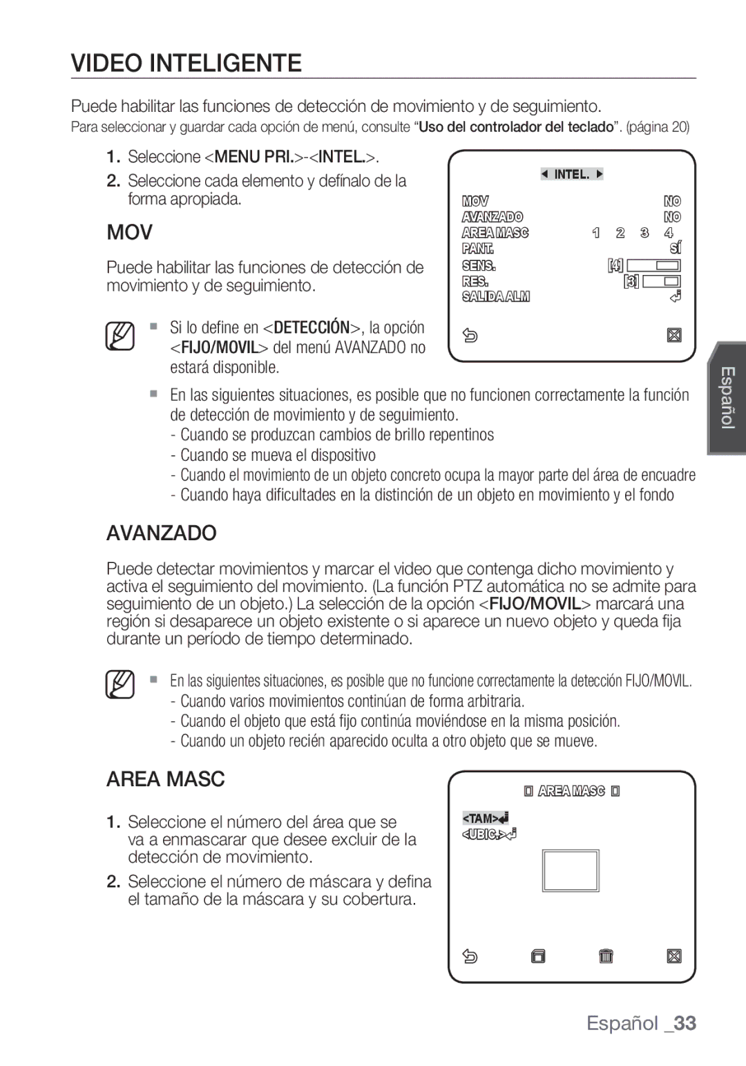 Samsung SCC-C6455P manual Video Inteligente, Avanzado, Area Masc, Cuando varios movimientos continúan de forma arbitraria 