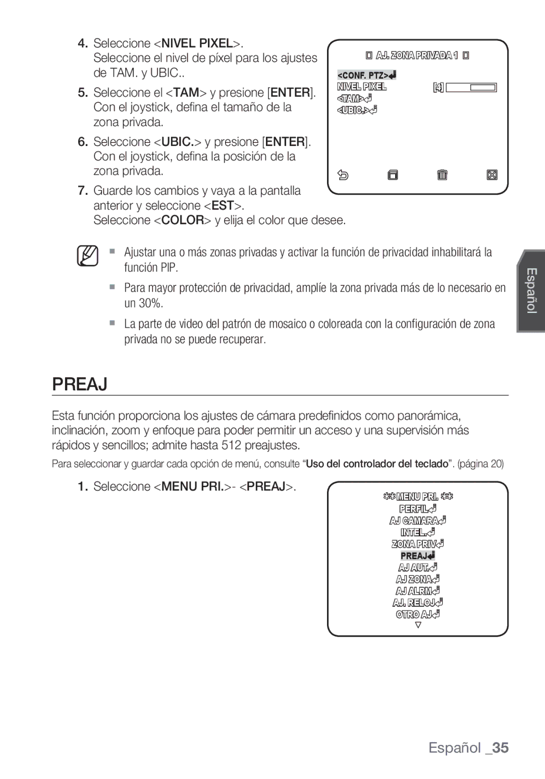 Samsung SCC-C6455P manual Seleccione Nivel Pixel, Zona privada, Seleccione Menu PRI.- Preaj 