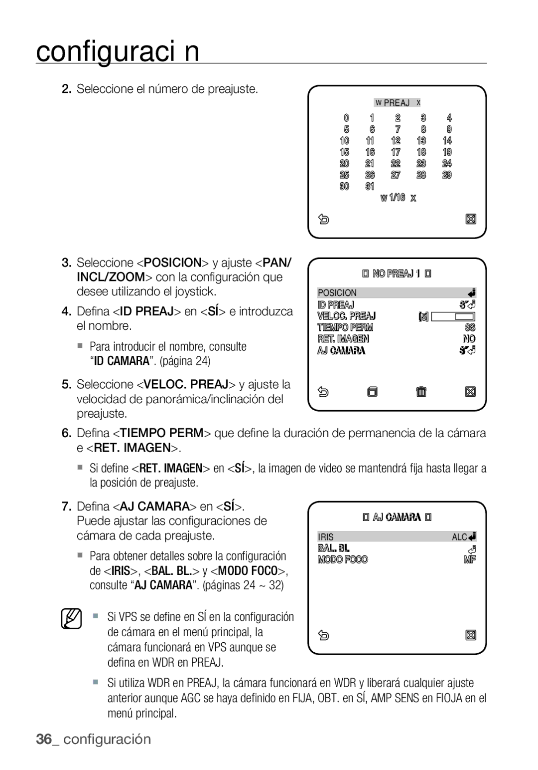 Samsung SCC-C6455P manual Seleccione el número de preajuste, Deﬁ na ID Preaj en SÍ e introduzca el nombre 