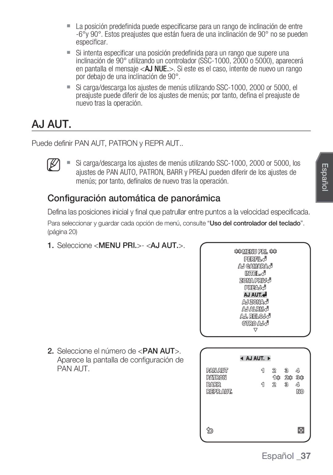 Samsung SCC-C6455P manual Aj Aut, Configuración automática de panorámica, Puede definir PAN AUT, Patron y Repr AUT, Pan Aut 