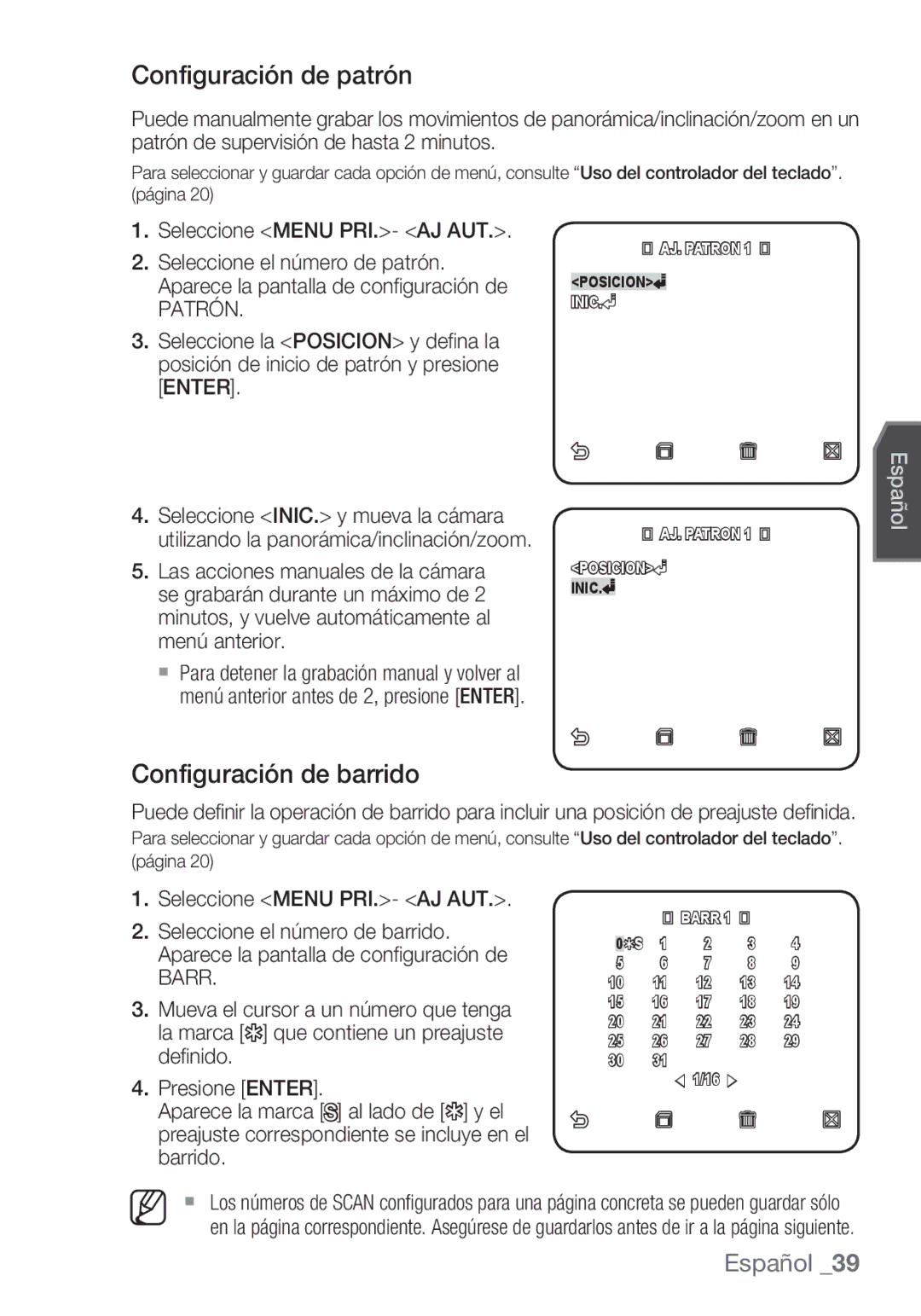 Samsung SCC-C6455P manual Configuración de patrón, Configuración de barrido, Patrón 