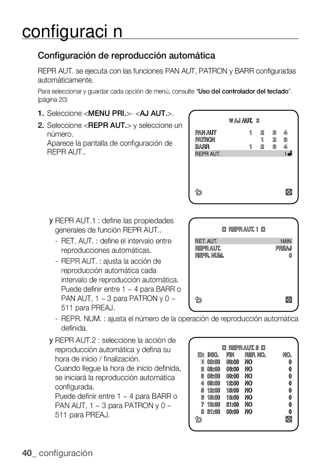 Samsung SCC-C6455P manual Configuración de reproducción automática 