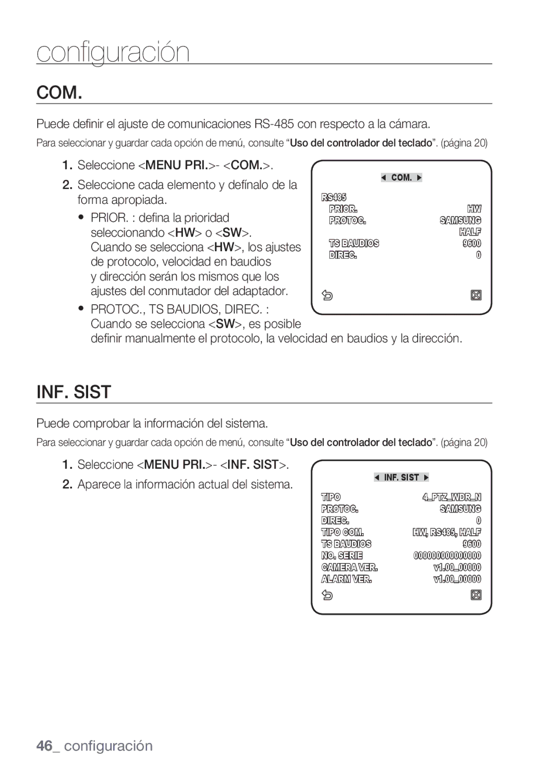 Samsung SCC-C6455P manual Com, INF. Sist, Puede comprobar la información del sistema 