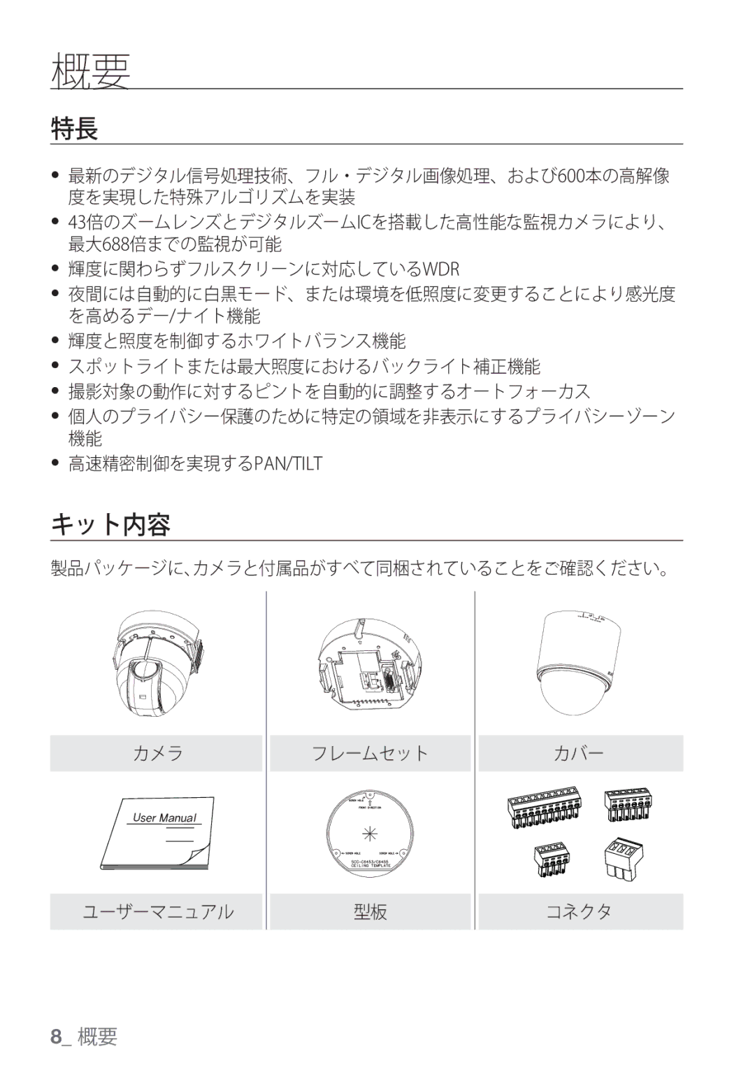 Samsung SCC-C6455P manual キット内容, 高速精密制御を実現するpan/Tilt 