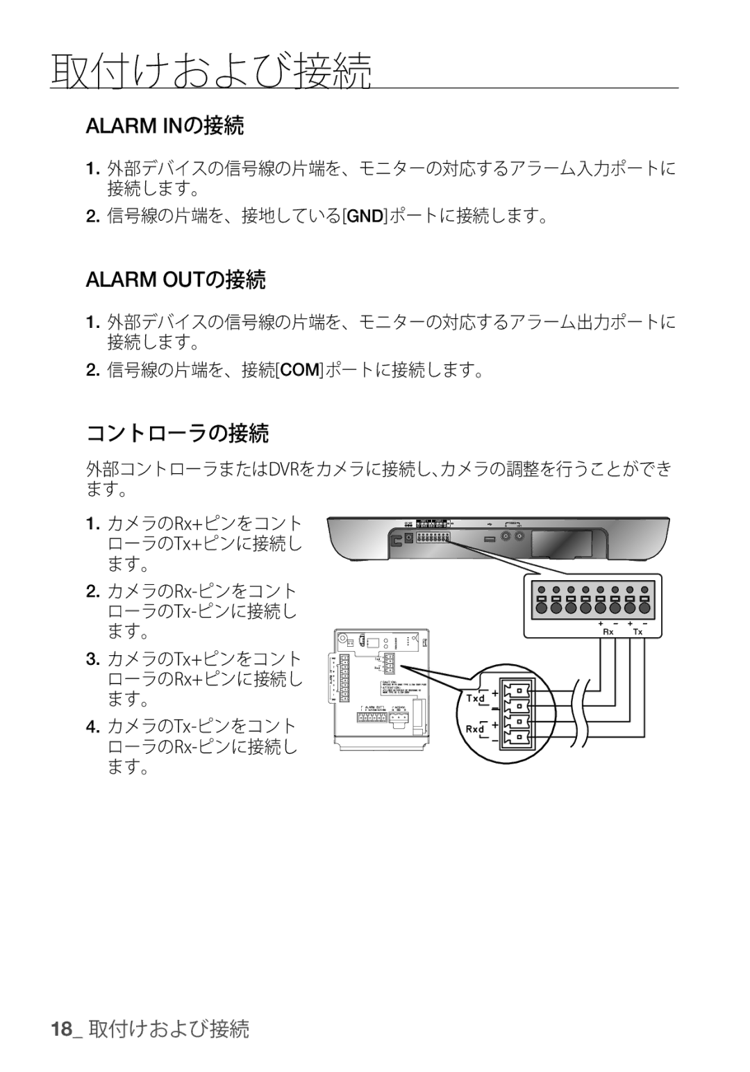 Samsung SCC-C6455P manual Alarm INの接続, Alarm OUTの接続, コントローラの接続, 信号線の片端を、接地しているgndポートに接続します。, 信号線の片端を、接続comポートに接続します。 