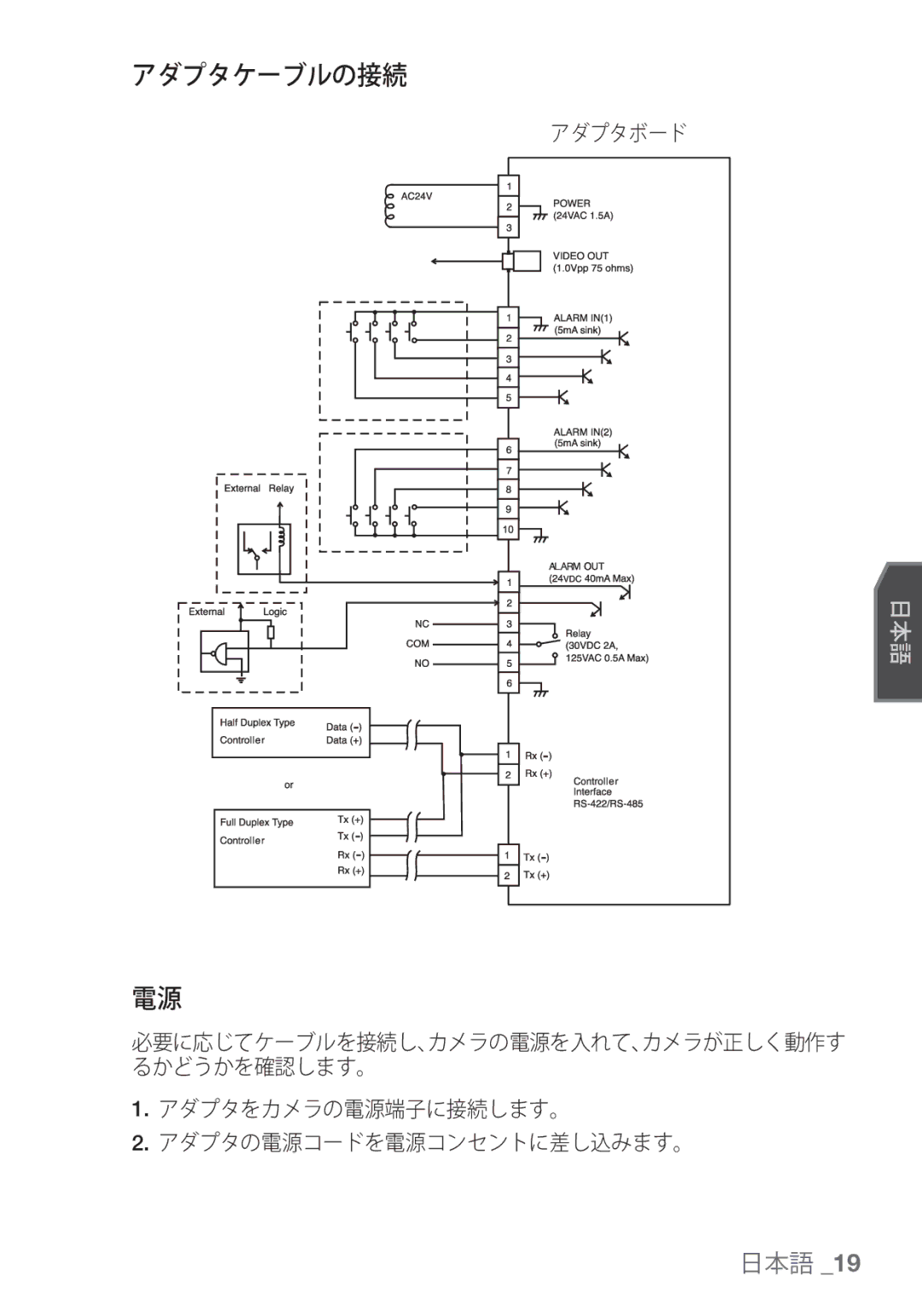 Samsung SCC-C6455P manual アダプタケーブルの接続, アダプタボード, アダプタをカメラの電源端子に接続します。 アダプタの電源コードを電源コンセントに差し込みます。 