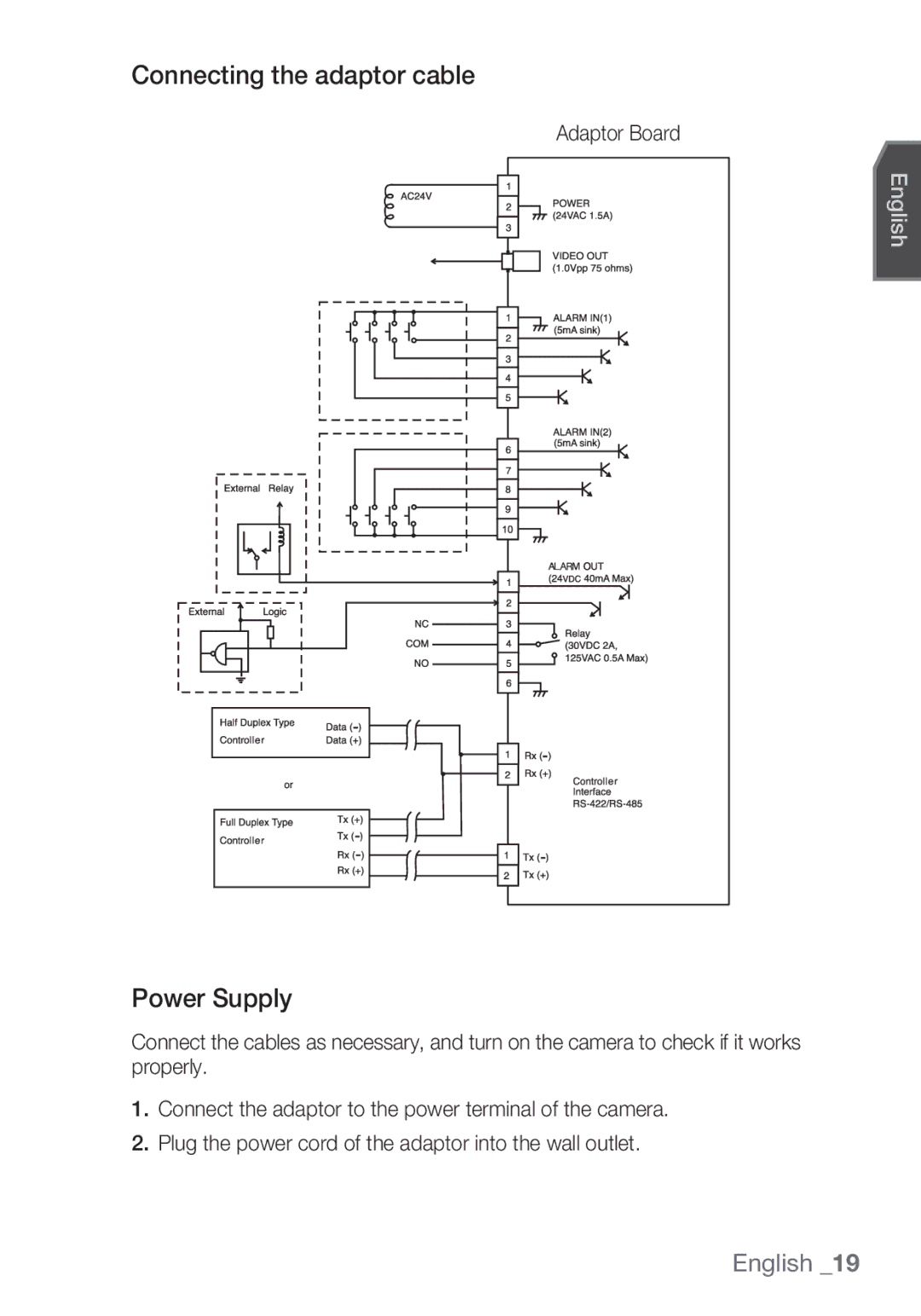 Samsung SCC-C6455P manual Connecting the adaptor cable, Power Supply, Adaptor Board 