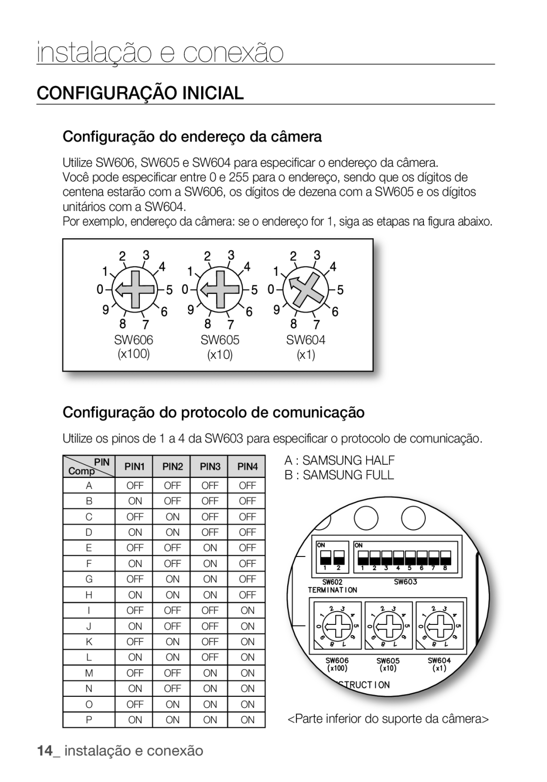 Samsung SCC-C6455P Configuração Inicial, Configuração do endereço da câmera, Configuração do protocolo de comunicação 