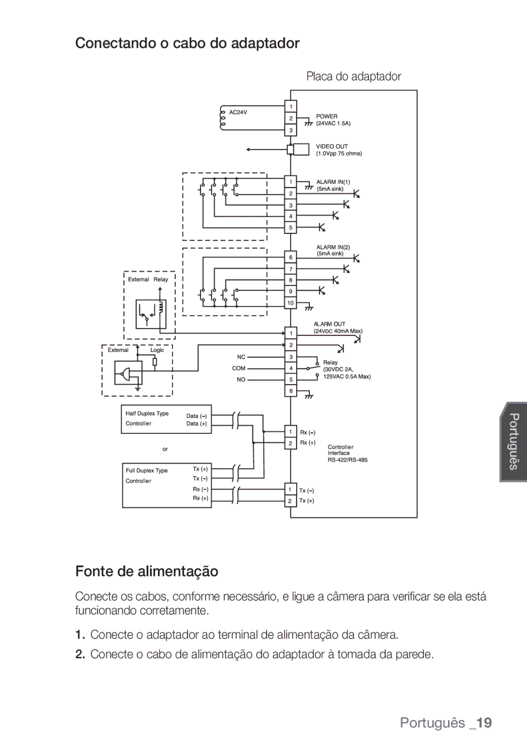 Samsung SCC-C6455P manual Conectando o cabo do adaptador, Fonte de alimentação, Placa do adaptador 