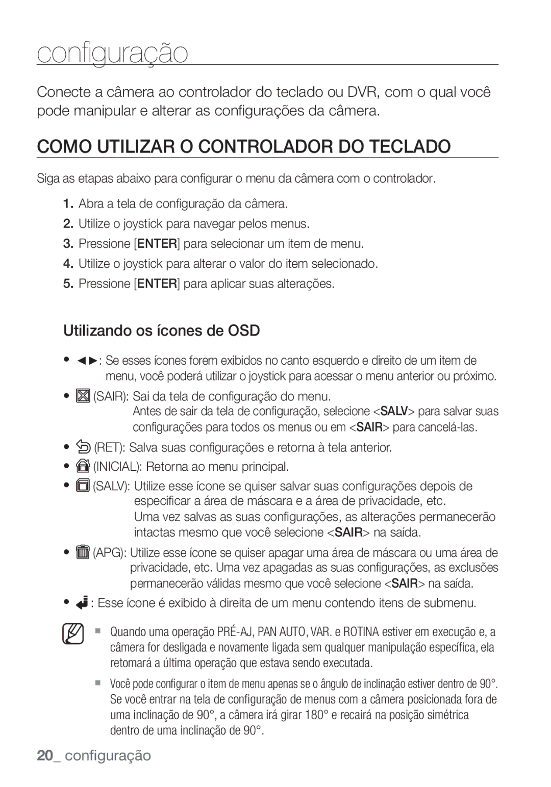 Samsung SCC-C6455P manual Configuração, Como Utilizar O Controlador do Teclado, Utilizando os ícones de OSD 