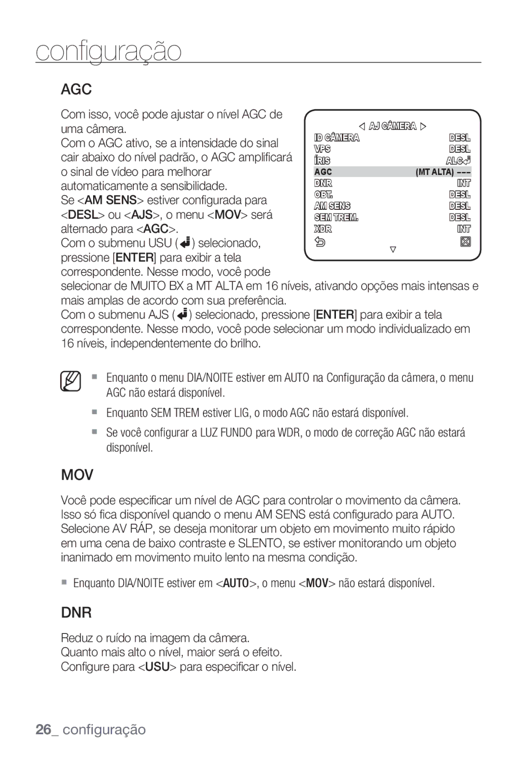 Samsung SCC-C6455P manual Agc, Com isso, você pode ajustar o nível AGC de 