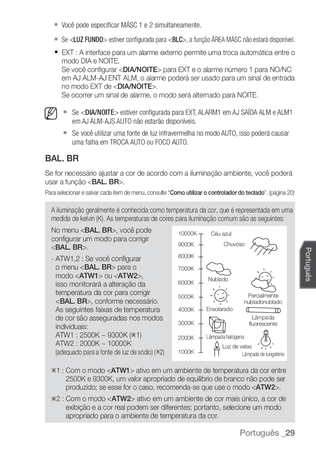 Samsung SCC-C6455P Bal. Br,  Você pode especiﬁcar Másc 1 e 2 simultaneamente, ATW1 2500K ~ 9300K Ú1 ATW2 2000K ~ 10000K 