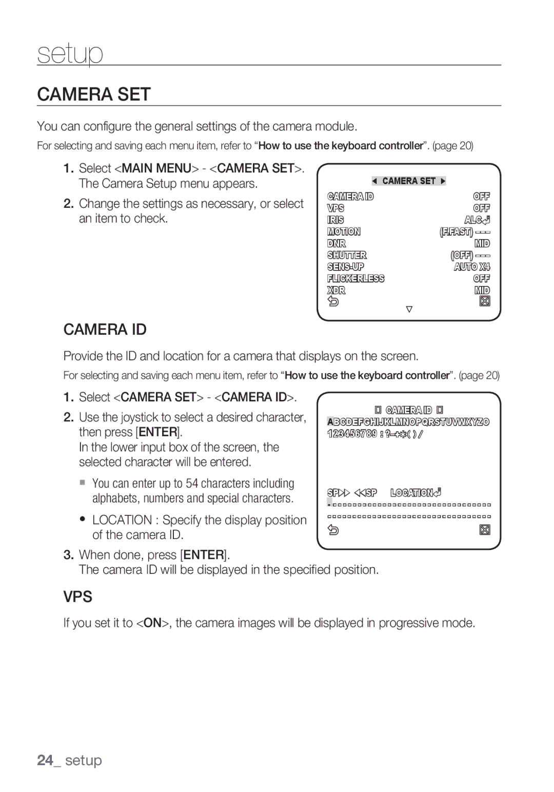 Samsung SCC-C6455P manual Camera SET, Camera ID, Vps, You can configure the general settings of the camera module 