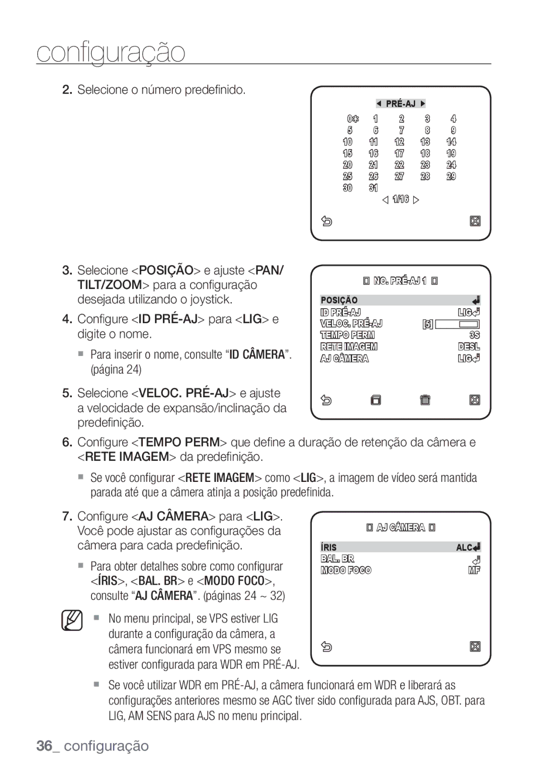 Samsung SCC-C6455P manual Selecione o número predeﬁ nido, Conﬁ gure AJ Câmera para LIG 