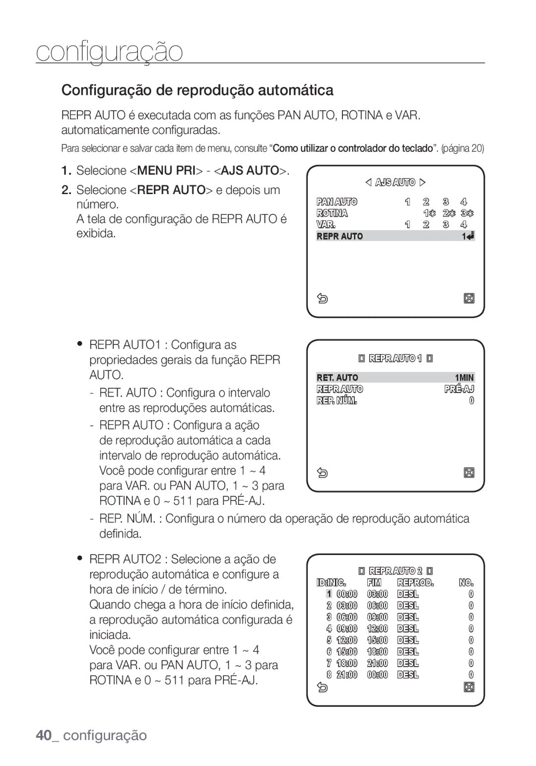 Samsung SCC-C6455P manual Configuração de reprodução automática, Repr AUTO1 Conﬁ gura as Propriedades gerais da função Repr 