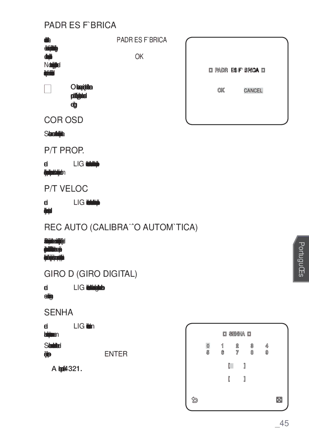 Samsung SCC-C6455P manual Padrões Fábrica, Cor Osd, Veloc, REC Auto Calibração Automática, Giro D Giro Digital, Senha 