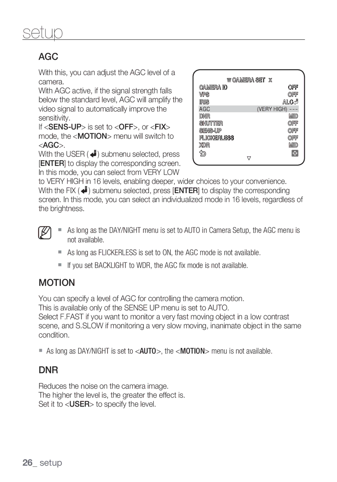 Samsung SCC-C6455P manual Agc, Motion, Dnr, With this, you can adjust the AGC level of a 