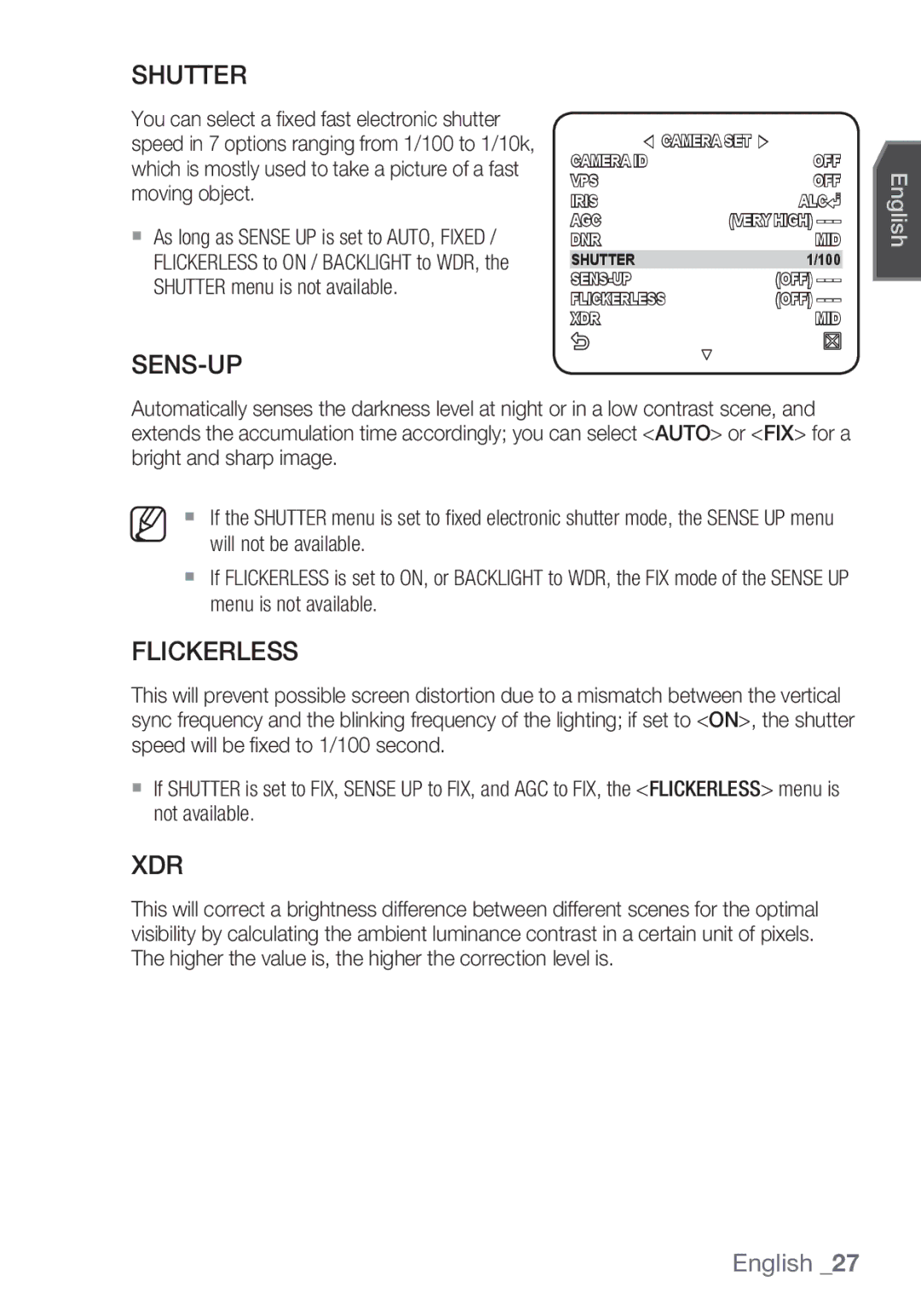 Samsung SCC-C6455P manual Shutter, Sens-Up, Flickerless, Xdr 