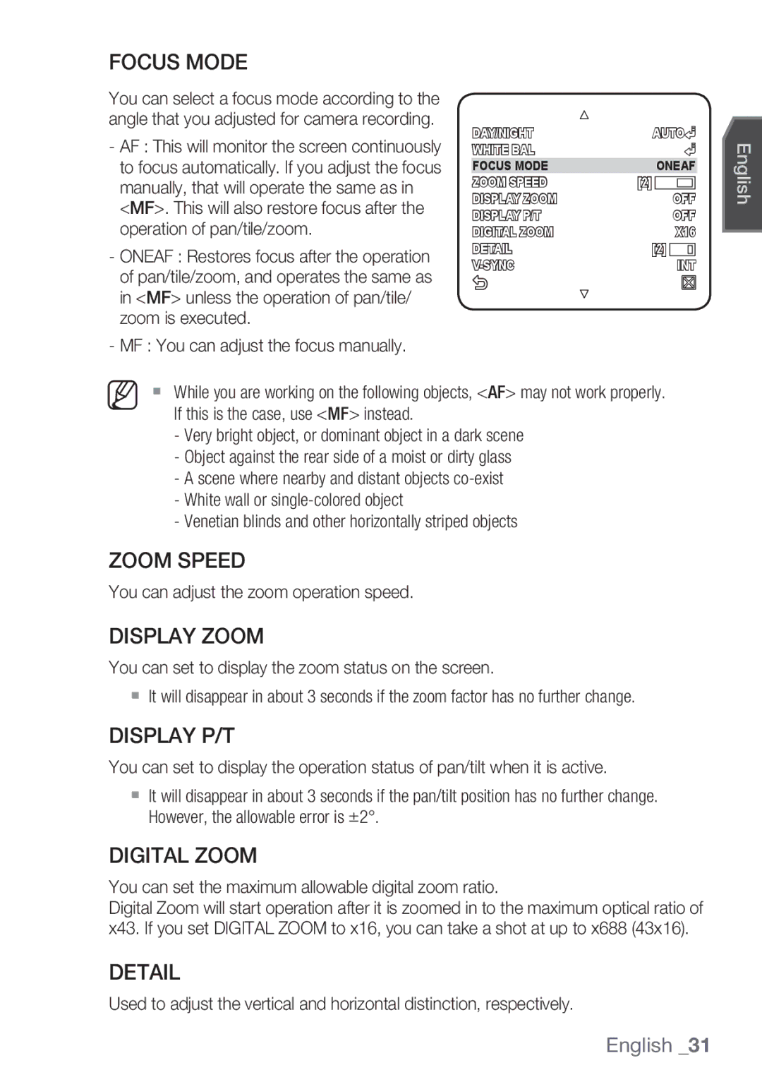 Samsung SCC-C6455P manual Focus Mode, Zoom Speed, Display Zoom, Display P/T, Digital Zoom, Detail 