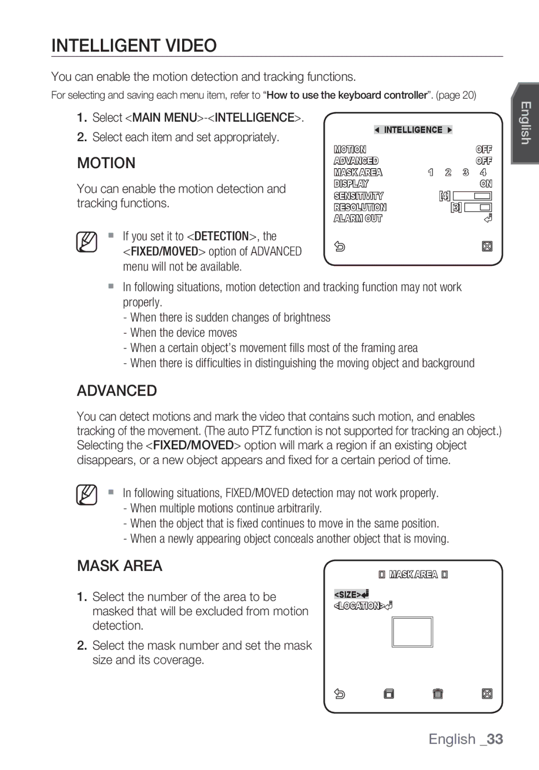 Samsung SCC-C6455P Intelligent Video, Advanced, Mask Area, You can enable the motion detection and tracking functions 