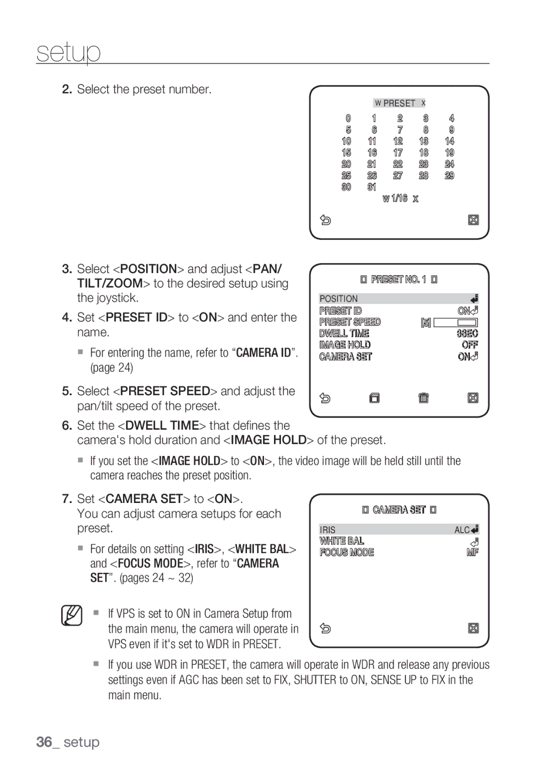 Samsung SCC-C6455P manual Select the preset number, Focus MODE, refer to Camera SET. pages 24 ~ 