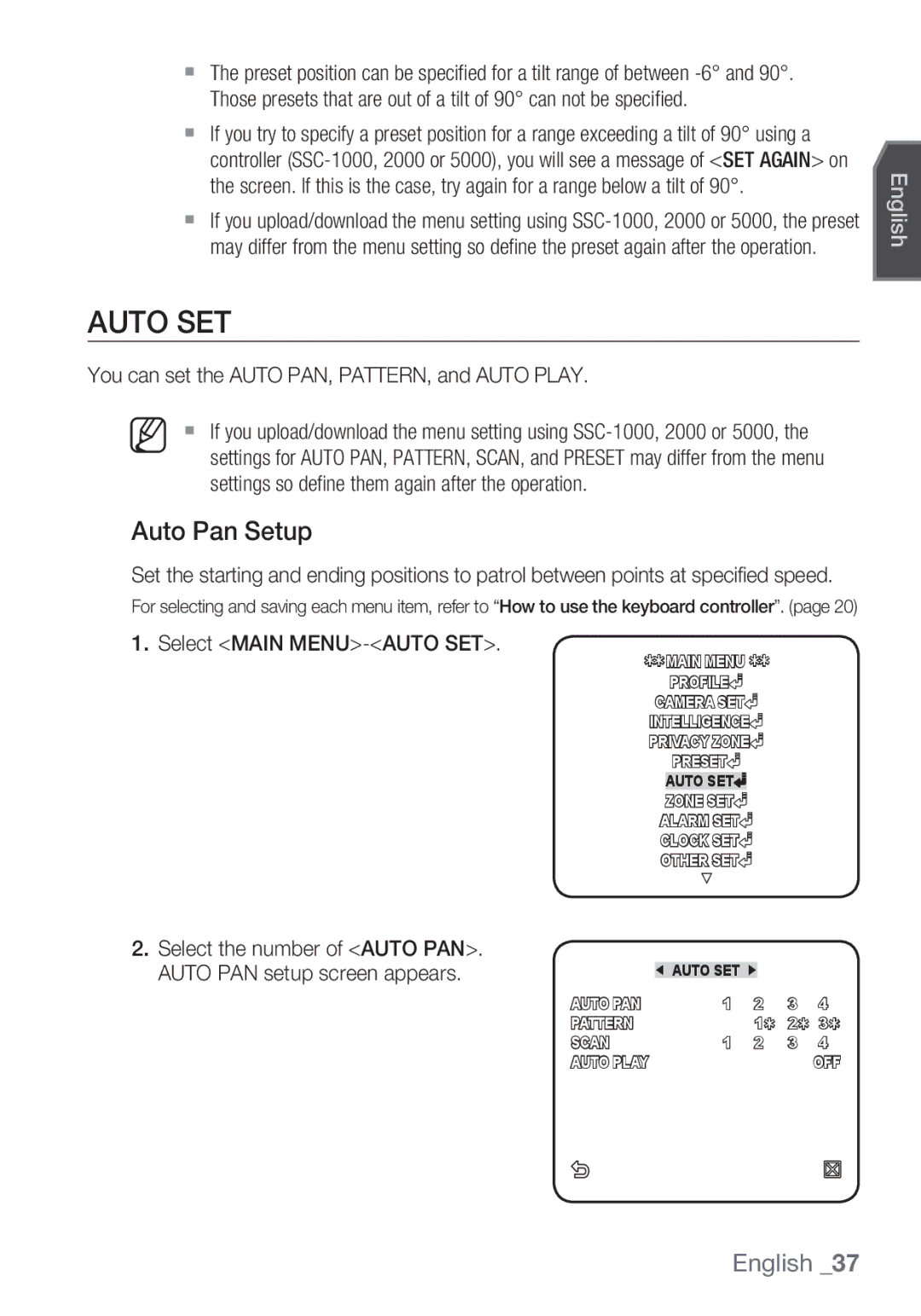 Samsung SCC-C6455P Auto SET, Auto Pan Setup, You can set the Auto PAN, PATTERN, and Auto Play, Select Main MENU-AUTO SET 