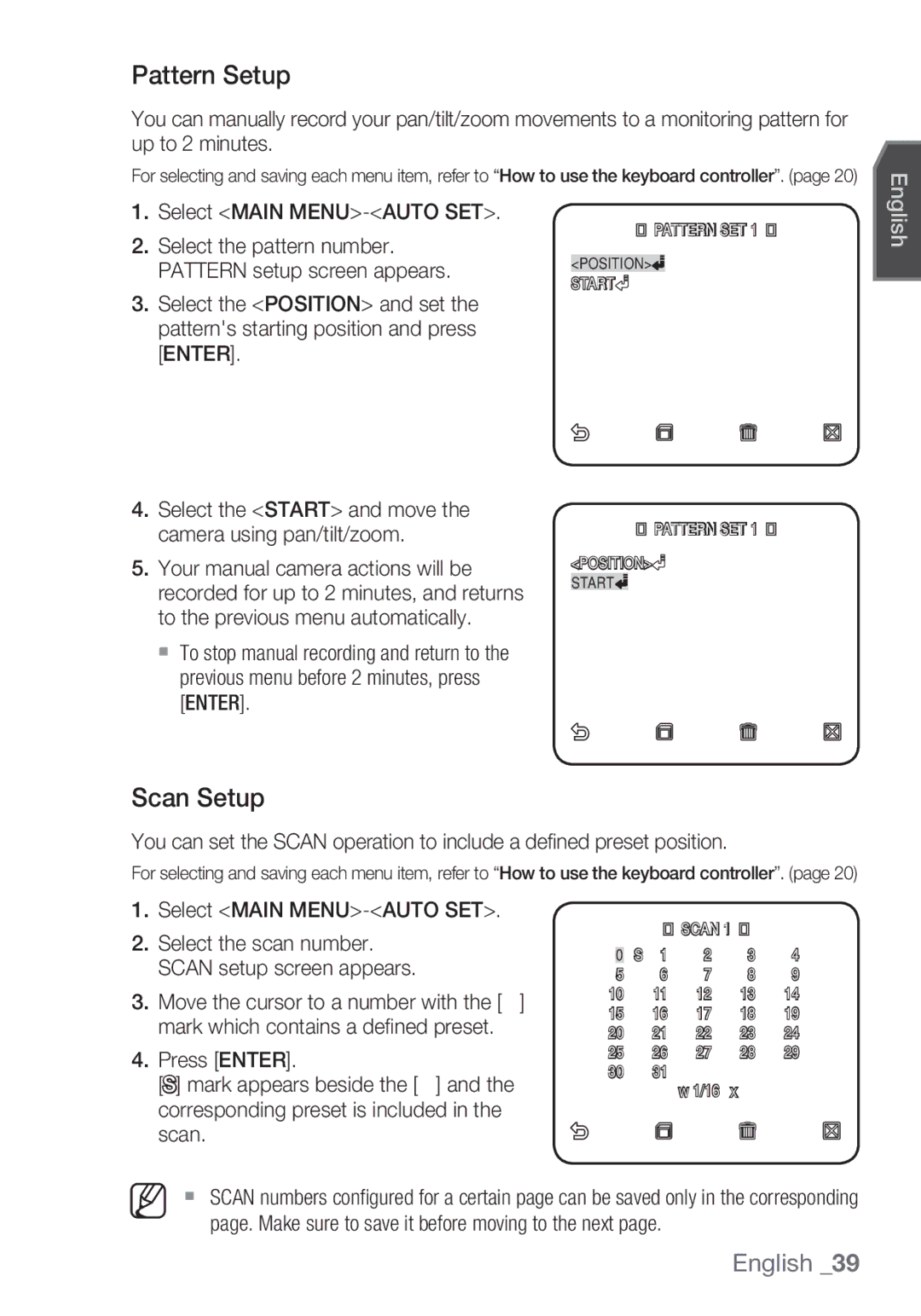 Samsung SCC-C6455P manual Pattern Setup, Scan Setup, Select the Start and move the camera using pan/tilt/zoom 