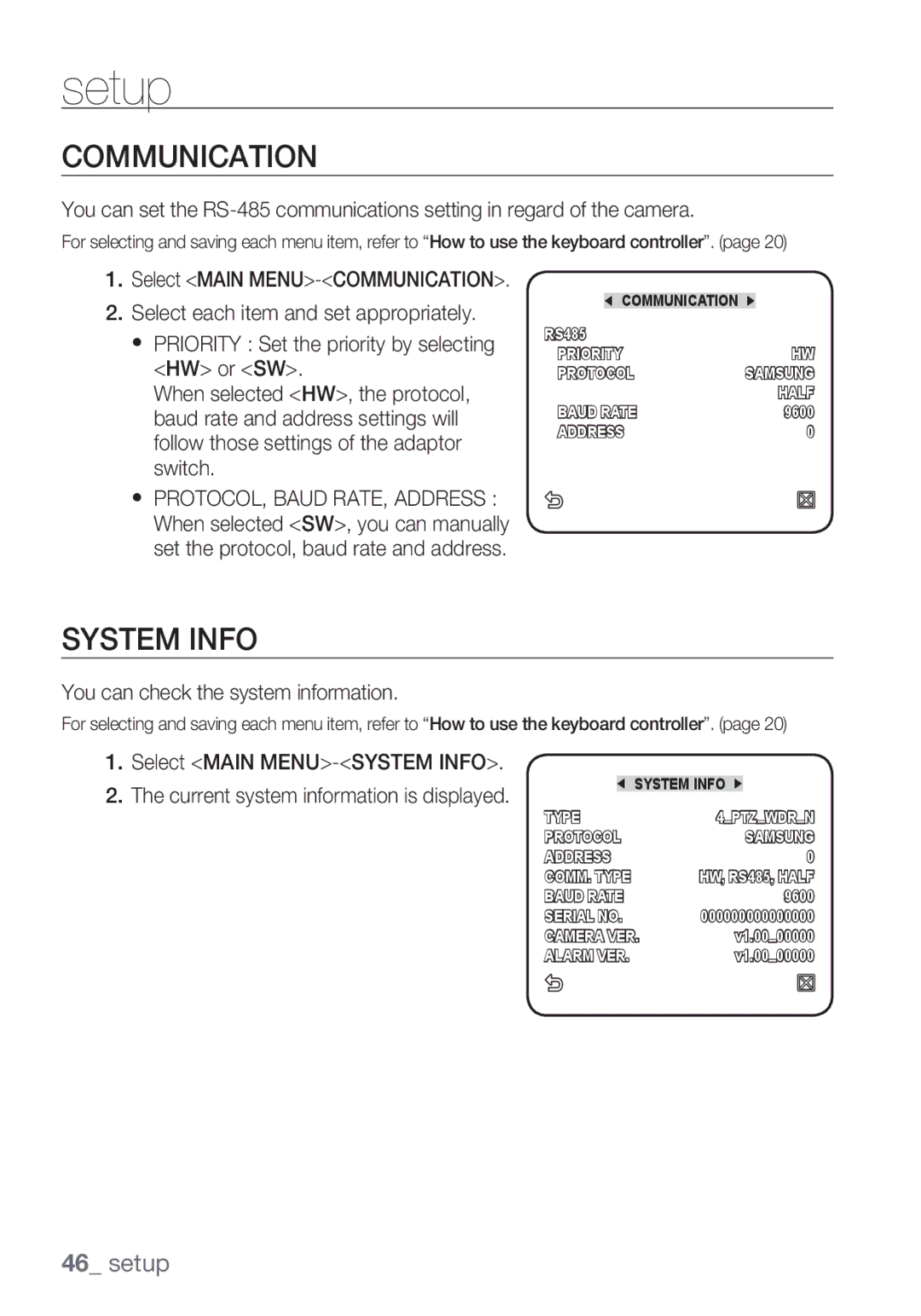 Samsung SCC-C6455P manual Communication, System Info, You can check the system information, Select Main MENU-SYSTEM Info 