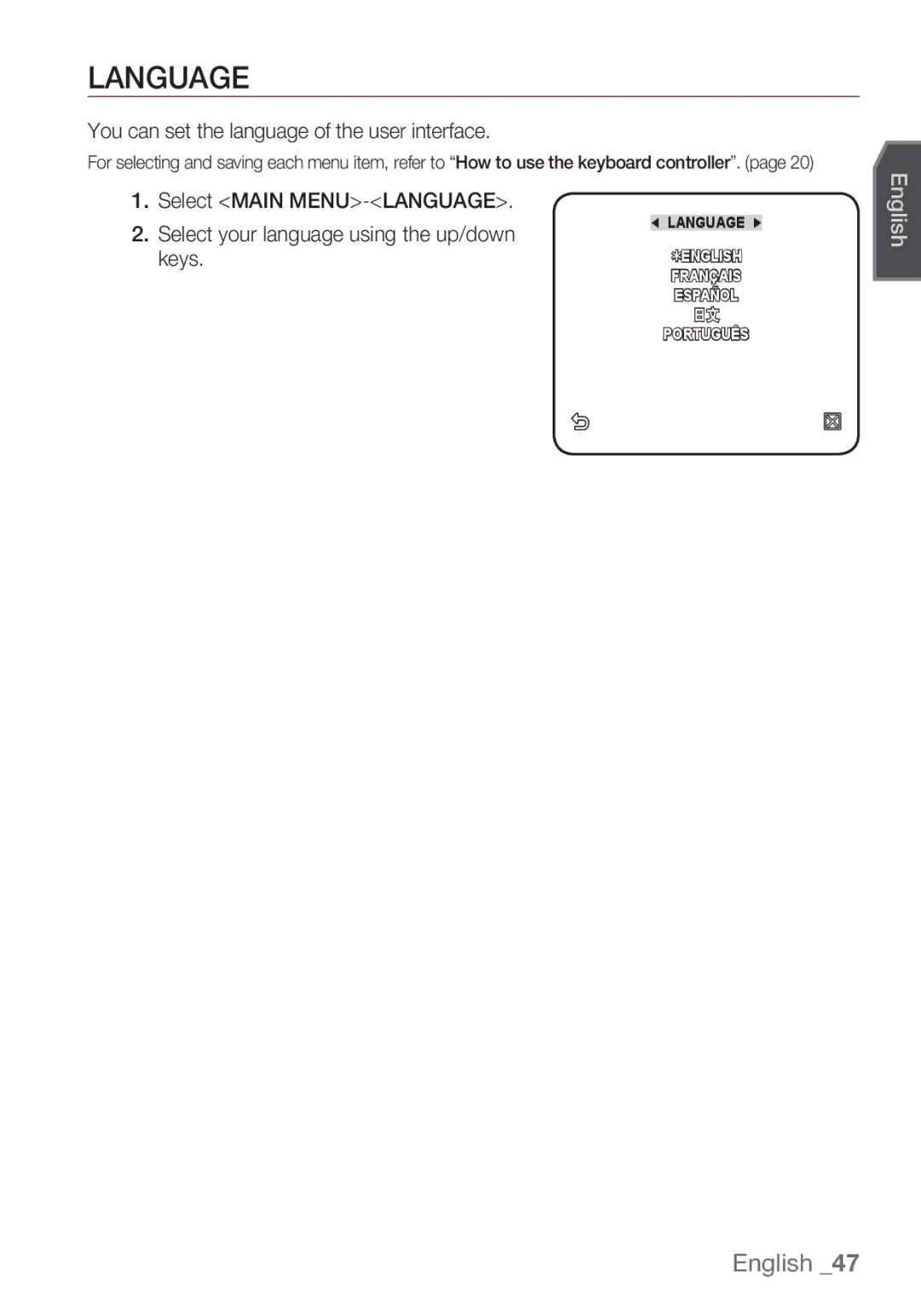 Samsung SCC-C6455P manual Language, You can set the language of the user interface 