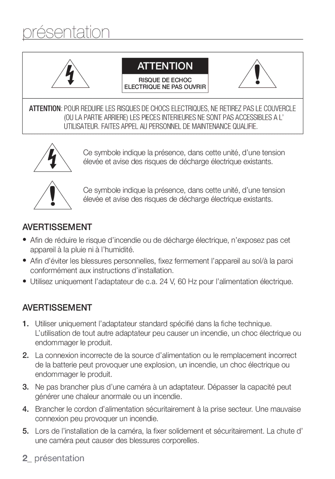 Samsung SCC-C6455P manual Présentation, Avertissement 