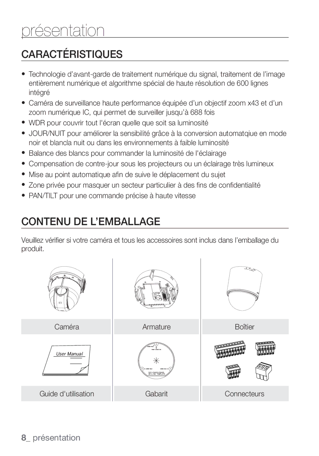 Samsung SCC-C6455P manual Caractéristiques, Contenu DE L’EMBALLAGE 